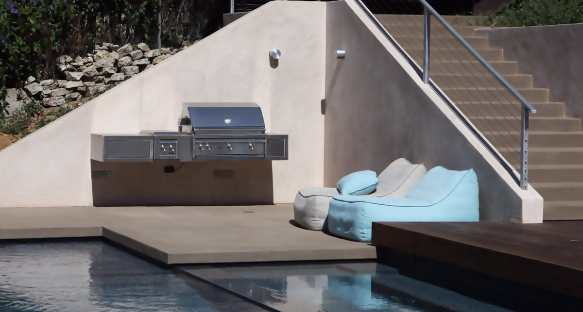 DMT Stainless floating grill cabinet installed poolside